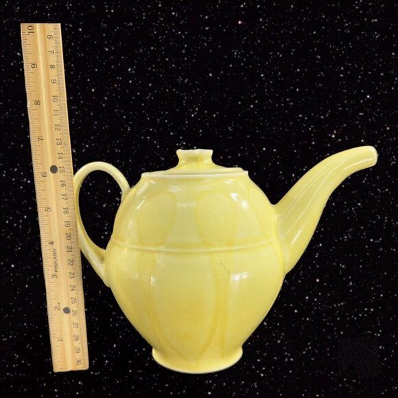 Vintage Light Yellow Stoneware Ceramic Teapot Yellow Glazed Paneled W Lid 9”W - Picture 5 of 16